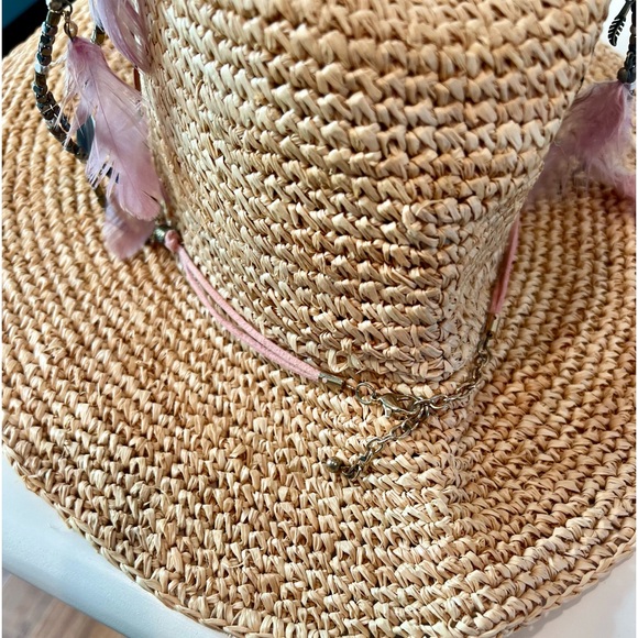Ale by Alessandra Arabella Raffia Feather Beaded Cowboy Hat UPF 40 Tan One Size - Picture 6 of 11